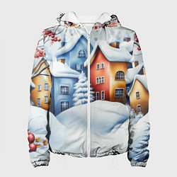 Куртка с капюшоном женская Зимний новогодний городской пейзаж, цвет: 3D-белый