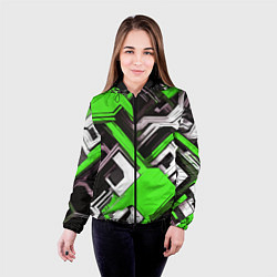 Куртка с капюшоном женская Бело-зелёный техно паттерн на чёрном фоне, цвет: 3D-черный — фото 2