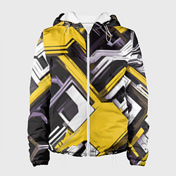 Куртка с капюшоном женская Бело-жёлтый техно паттерн на чёрном фоне, цвет: 3D-белый