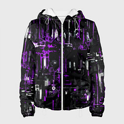 Куртка с капюшоном женская Бело-фиолетовая тревожная абстракция на чёрном фон, цвет: 3D-белый