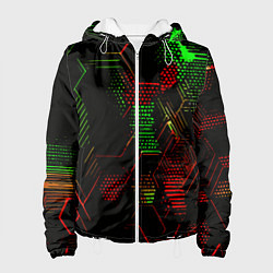 Куртка с капюшоном женская Красно-зелёные точки и линии на чёрном фоне, цвет: 3D-белый
