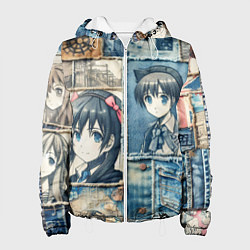 Куртка с капюшоном женская Пэчворк деним и аниме, цвет: 3D-белый