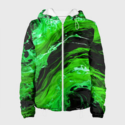 Куртка с капюшоном женская Зелёные брызги на чёрном фоне, цвет: 3D-белый