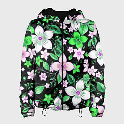 Куртка с капюшоном женская Зелёно-белые цветы на чёрном фоне, цвет: 3D-черный