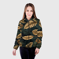 Куртка с капюшоном женская Золотые листья монстеры и перья, цвет: 3D-черный — фото 2