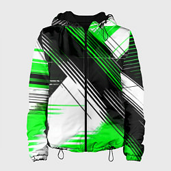 Куртка с капюшоном женская Диагональные зелёно-чёрные линии на белом фоне, цвет: 3D-черный