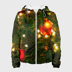 Куртка с капюшоном женская Новогодние украшения на ёлке, цвет: 3D-белый