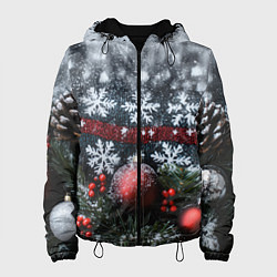 Куртка с капюшоном женская Новогодние снежинки, цвет: 3D-черный