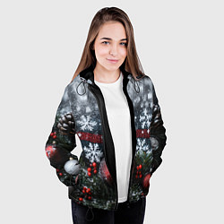 Куртка с капюшоном женская Новогодние снежинки, цвет: 3D-черный — фото 2