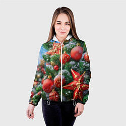 Куртка с капюшоном женская Красные шары и звезда новогодняя, цвет: 3D-белый — фото 2