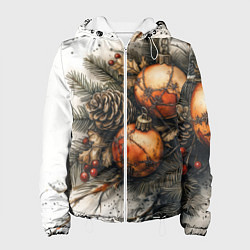 Куртка с капюшоном женская Новогодние игрушки и шишки, цвет: 3D-белый