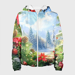 Куртка с капюшоном женская Новогодний дневной пейзаж, цвет: 3D-белый
