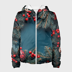 Куртка с капюшоном женская Новогодний фон и рябина, цвет: 3D-белый