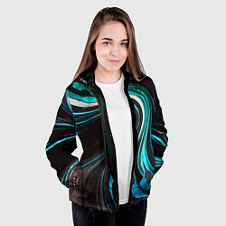 Куртка с капюшоном женская Волнистые бело-голубые линии на чёрном фоне, цвет: 3D-черный — фото 2