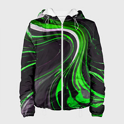 Куртка с капюшоном женская Волнистые бело-зелёные линии на чёрном фоне, цвет: 3D-белый