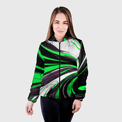 Куртка с капюшоном женская Волнистые чёрно-зелёные линии на белом фоне, цвет: 3D-черный — фото 2