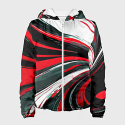 Куртка с капюшоном женская Волнистые чёрно-красные линии на белом фоне, цвет: 3D-белый