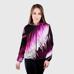 Куртка с капюшоном женская Бело-розовые острые полосы на чёрном фоне, цвет: 3D-черный — фото 2
