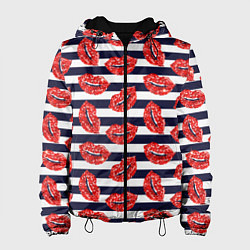 Куртка с капюшоном женская Женские губы с красной блестящей помадой на полоса, цвет: 3D-черный