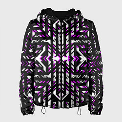 Куртка с капюшоном женская Чёрно-фиолетовые диагональные полосы на белом фоне, цвет: 3D-черный