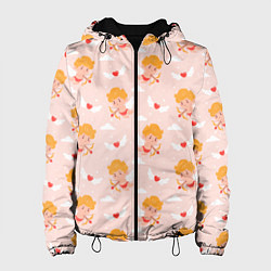 Куртка с капюшоном женская Паттерн с милыми купидонами и крылатыми сердечками, цвет: 3D-черный