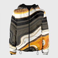 Куртка с капюшоном женская Волнистые чёрно-жёлтые полосы на белом фоне, цвет: 3D-черный