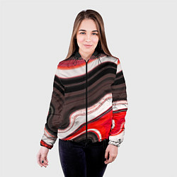 Куртка с капюшоном женская Волнистые горизонтальные чёрно-красные полосы на б, цвет: 3D-черный — фото 2