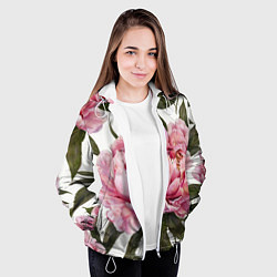 Куртка с капюшоном женская Розовые пионы на белом, цвет: 3D-белый — фото 2