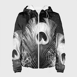 Куртка с капюшоном женская Изогнутые белые перья павлина - чб иллюстрация, цвет: 3D-белый