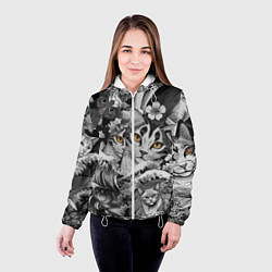 Куртка с капюшоном женская С котами и рыбой на фоне сакуры в волнах, цвет: 3D-белый — фото 2