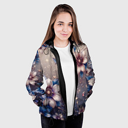 Куртка с капюшоном женская Сине-бежевый дымчатый с цветами, цвет: 3D-черный — фото 2
