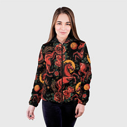 Куртка с капюшоном женская Красная лошадь с розами, цвет: 3D-черный — фото 2
