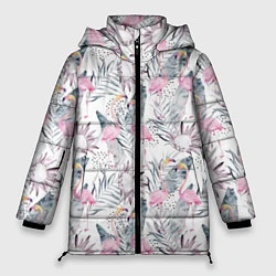 Куртка зимняя женская Тропические фламинго, цвет: 3D-черный