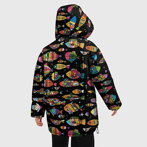 Женская зимняя куртка Разноцветные рыбы - черный фон / 3D-Черный – фото 4