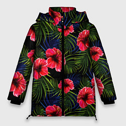Куртка зимняя женская Тропические цветы и листья, цвет: 3D-черный