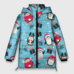 Куртка зимняя женская Новогодние Пингвины, цвет: 3D-черный