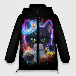 Куртка зимняя женская Космический котик и планеты, цвет: 3D-черный