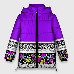 Куртка зимняя женская Яркий фиолетовый цветочный, цвет: 3D-черный