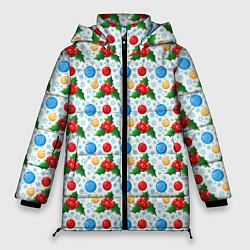 Куртка зимняя женская Новогодняя Символика украшения, цвет: 3D-черный