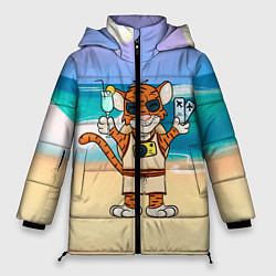 Куртка зимняя женская Тигр в отпуске на новый год на море, цвет: 3D-черный