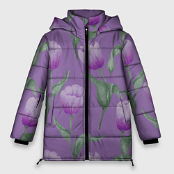 Женская зимняя куртка Фиолетовые тюльпаны с зелеными листьями