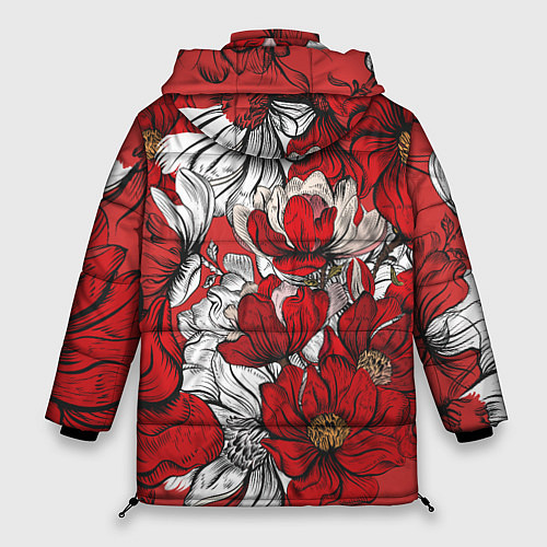 Женская зимняя куртка Цветы на алом фоне / 3D-Красный – фото 2