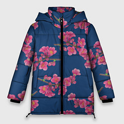 Куртка зимняя женская Веточки айвы с розовыми цветами на синем фоне, цвет: 3D-черный