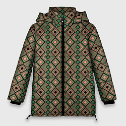 Женская зимняя куртка Абстракция из черных, зеленых и бежевых квадратов
