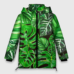 Куртка зимняя женская Тропические листья на темном фоне, цвет: 3D-красный