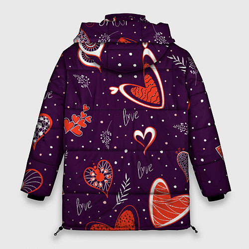 Женская зимняя куртка Красно-белые сердечки и слово love на темно фиолет / 3D-Красный – фото 2