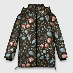 Куртка зимняя женская Цветы и ягоды паттерн, цвет: 3D-красный
