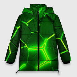 Куртка зимняя женская 3D ПЛИТЫ НЕОН NEON GREEN HEXAGON РАЗЛОМ, цвет: 3D-светло-серый
