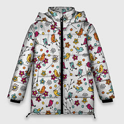 Куртка зимняя женская Птицы и цветы Разноцветный узор в дудл стиле, цвет: 3D-красный
