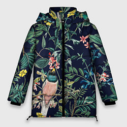 Женская зимняя куртка Цветы и Розовые Птицы В Саду